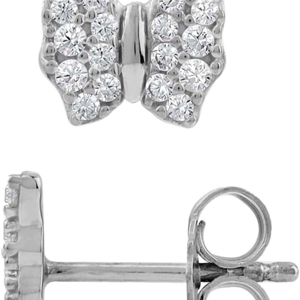 Gold Plated Sterling Silver Butterfly Stud Earrings for Women, 7mm, 8mm, White C